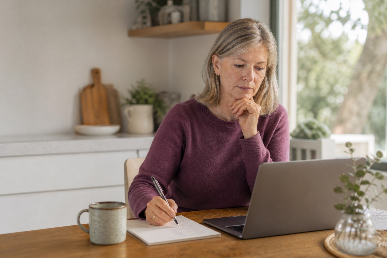 Woman using a laptop and writing notes at a kitchen table